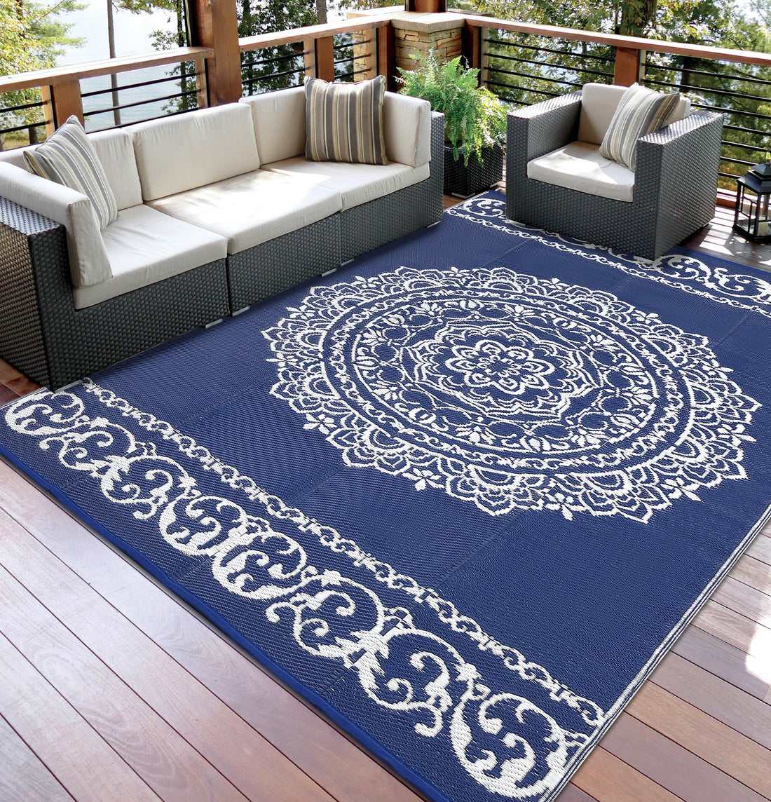 Garvee Outdoor Navy & White 9x18 Large Rug, Medallion Waterproof Reversible Plastic Straw Camping Mat with Stakes Portable for Patio Beach RV