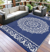 Garvee Outdoor Navy & White 8x10 Rug, Reversible Plastic Straw Mat, UV Stable & Waterproof, Durable Polypropylene, Fade Resistant, Navy/White Medallion, Patio & Camping - Navy & White