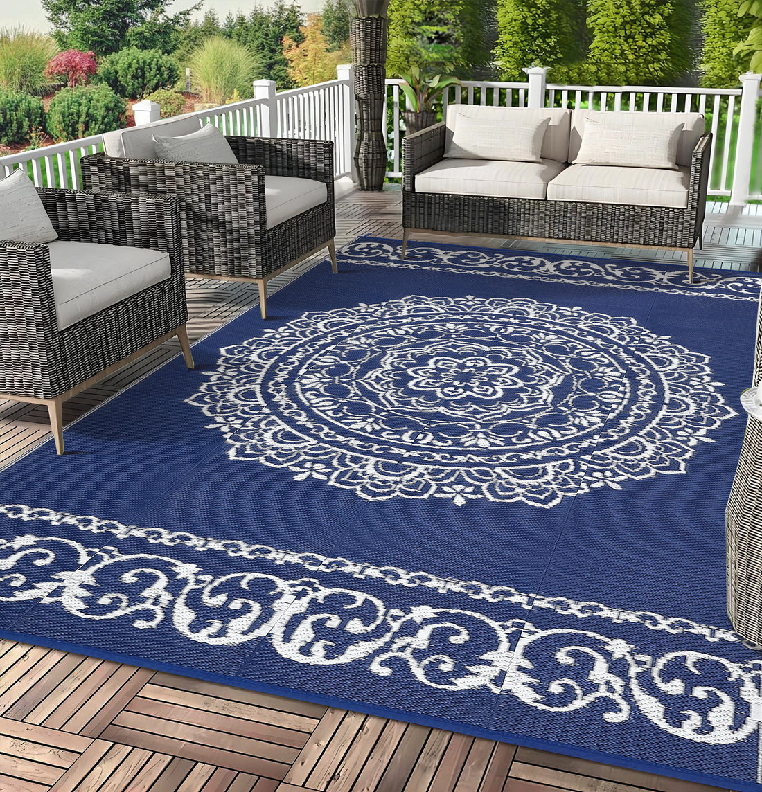 Garvee Outdoor Navy & White 9x18 Large Rug, Medallion Waterproof Reversible Plastic Straw Camping Mat with Stakes Portable for Patio Beach RV