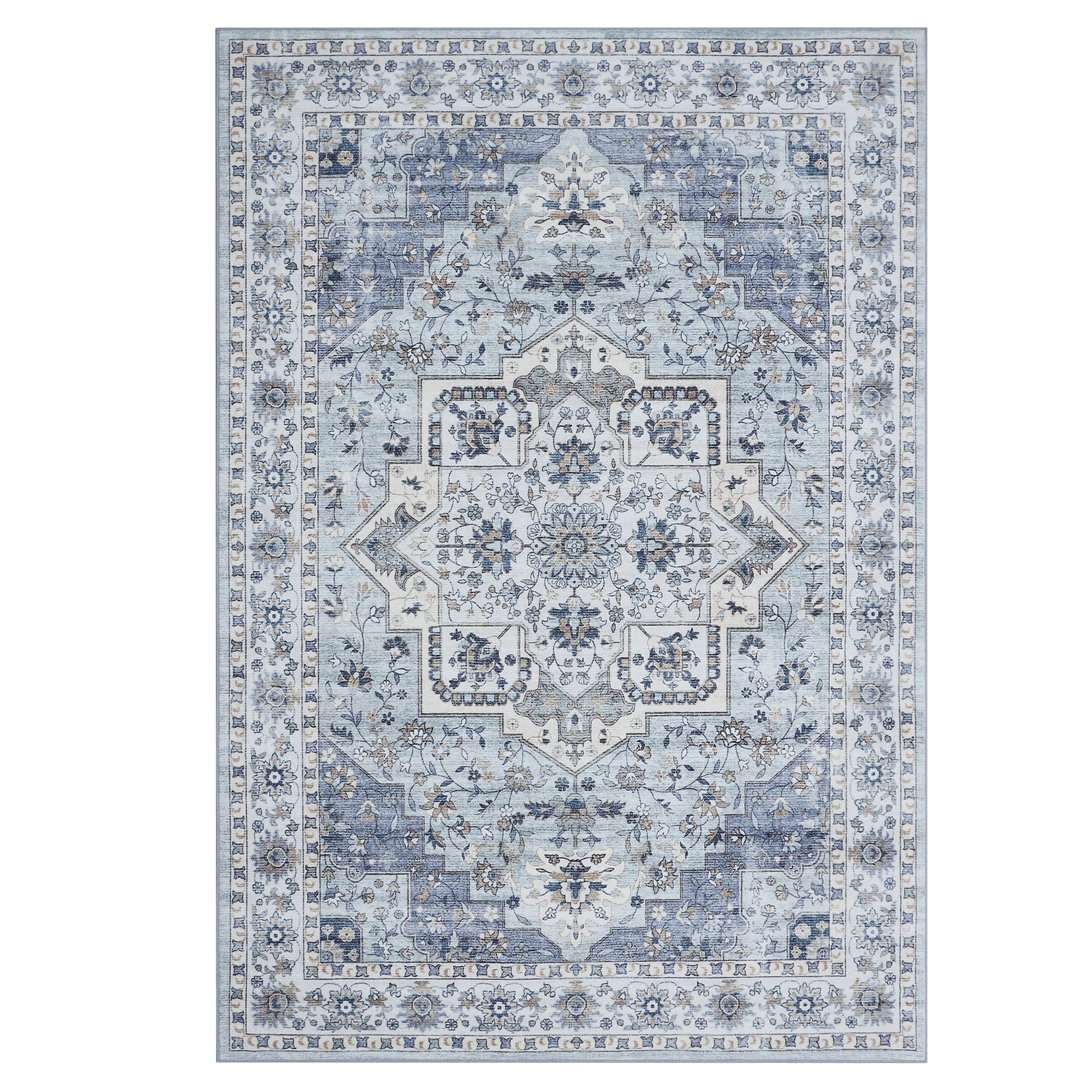 Garvee Oriental Vintage Floral Print Non-Slip Area Rug for Living Room, Bedroom, Office - Soft Low Pile Washable Accent Rug