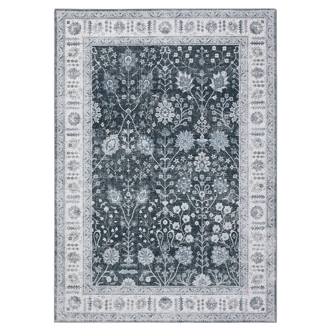 Garvee Oriental Vintage Floral Non Slip Area Rug for Bedroom, Living Room, Office - Soft Washable Low Pile Carpet, Distressed Design