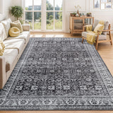 Garvee 8x10 Area Rugs for Living Room, Machine Washable Large Area Rug Non-Slip, Soft Vintage Floral Traditional Farmhouse Carpet for Dining Room Bedroom Office Home, Charcoal Grey - Gray-Black