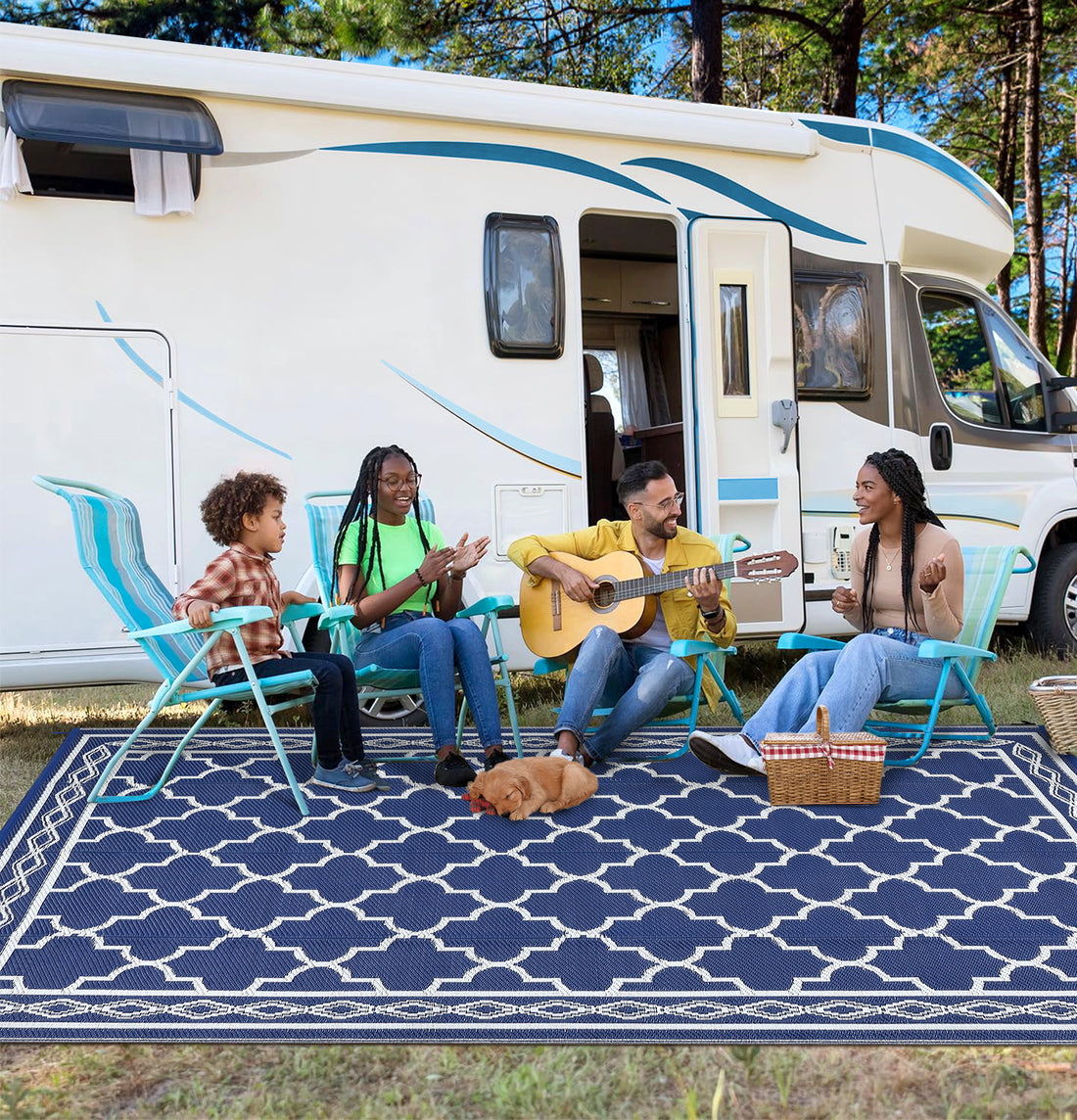Garvee Outdoor Dark Blue 9x12 Rug Waterproof Reversible Patio Carpet Polypropylene UV & Stain Resistant Portable with Stakes for Camping Backyard Deck
