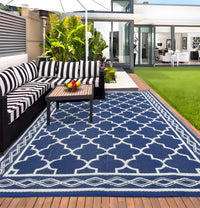 Garvee Outdoor Dark Blue 9x12 Rug Waterproof Reversible Patio Carpet Polypropylene UV & Stain Resistant Portable with Stakes for Camping Backyard Deck