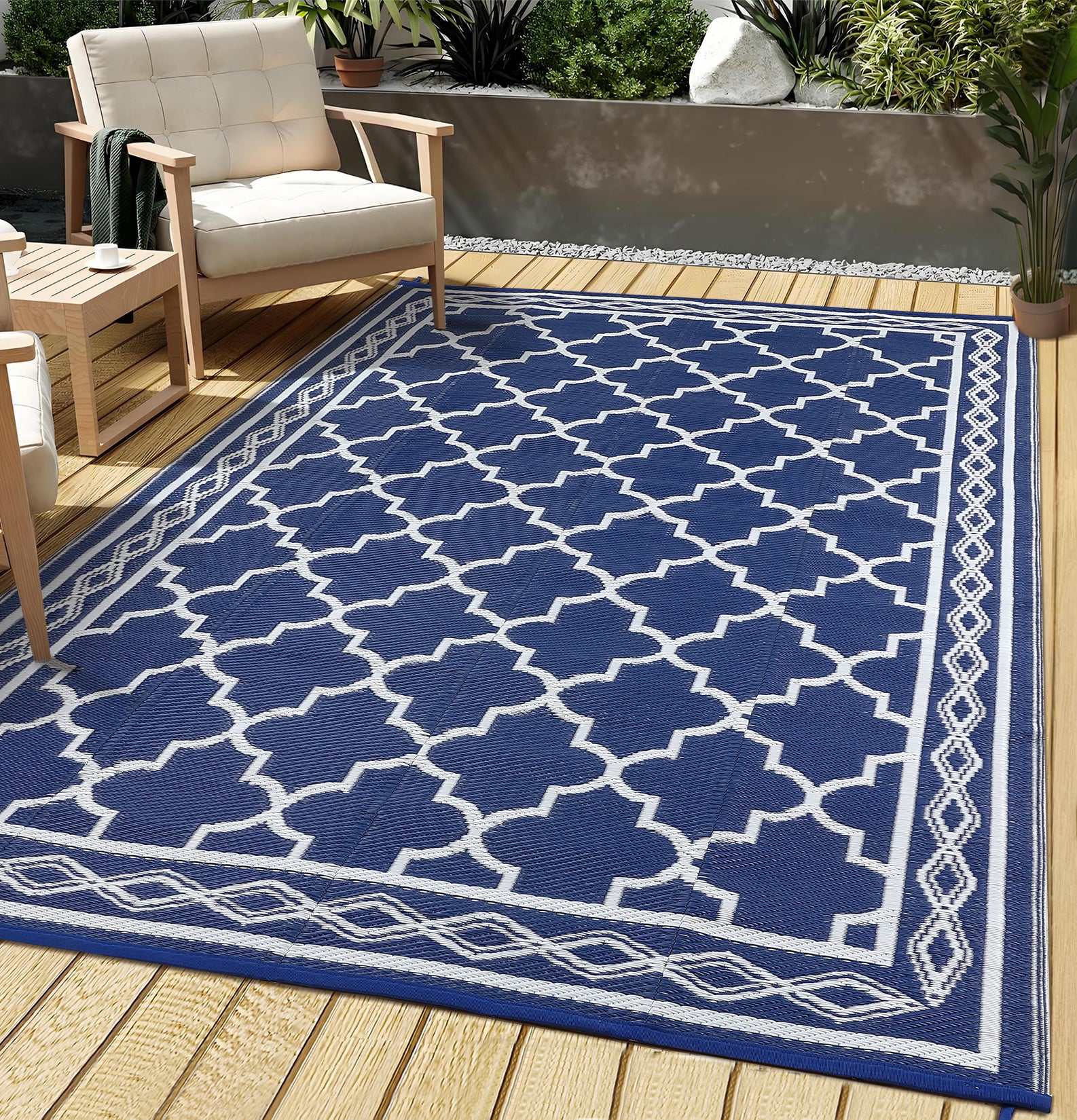 Garvee Outdoor Dark Blue 10x14 Waterproof Plastic Straw Rug, Reversible, UV-Resistant, Portable with Carry Bag & Stakes for Patio RV Camping