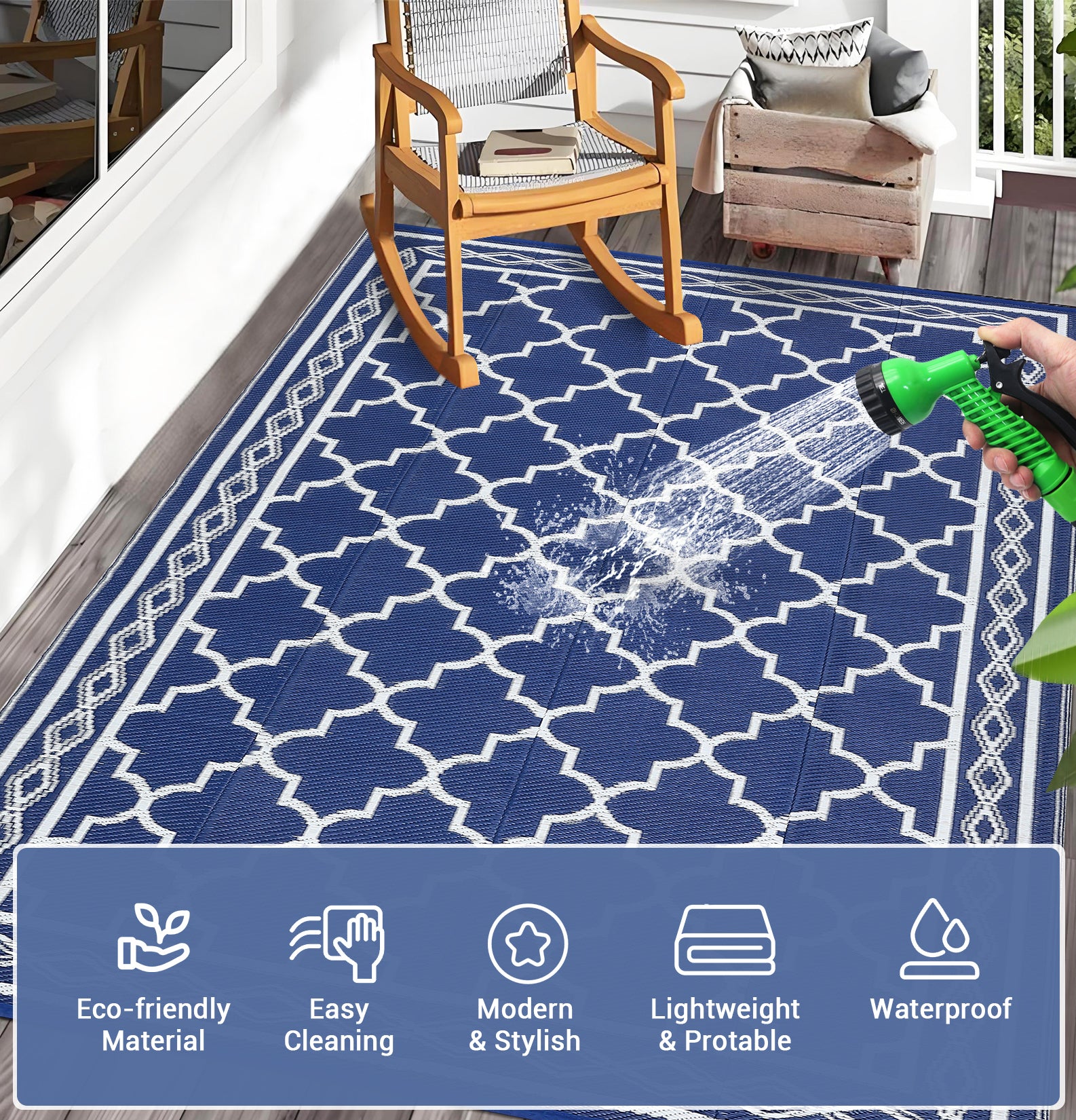 Garvee Outdoor Dark Blue 10x14 Waterproof Plastic Straw Rug, Reversible, UV-Resistant, Portable with Carry Bag & Stakes for Patio RV Camping