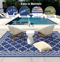 Garvee Outdoor Dark Blue 9x12 Rug Waterproof Reversible Patio Carpet Polypropylene UV & Stain Resistant Portable with Stakes for Camping Backyard Deck