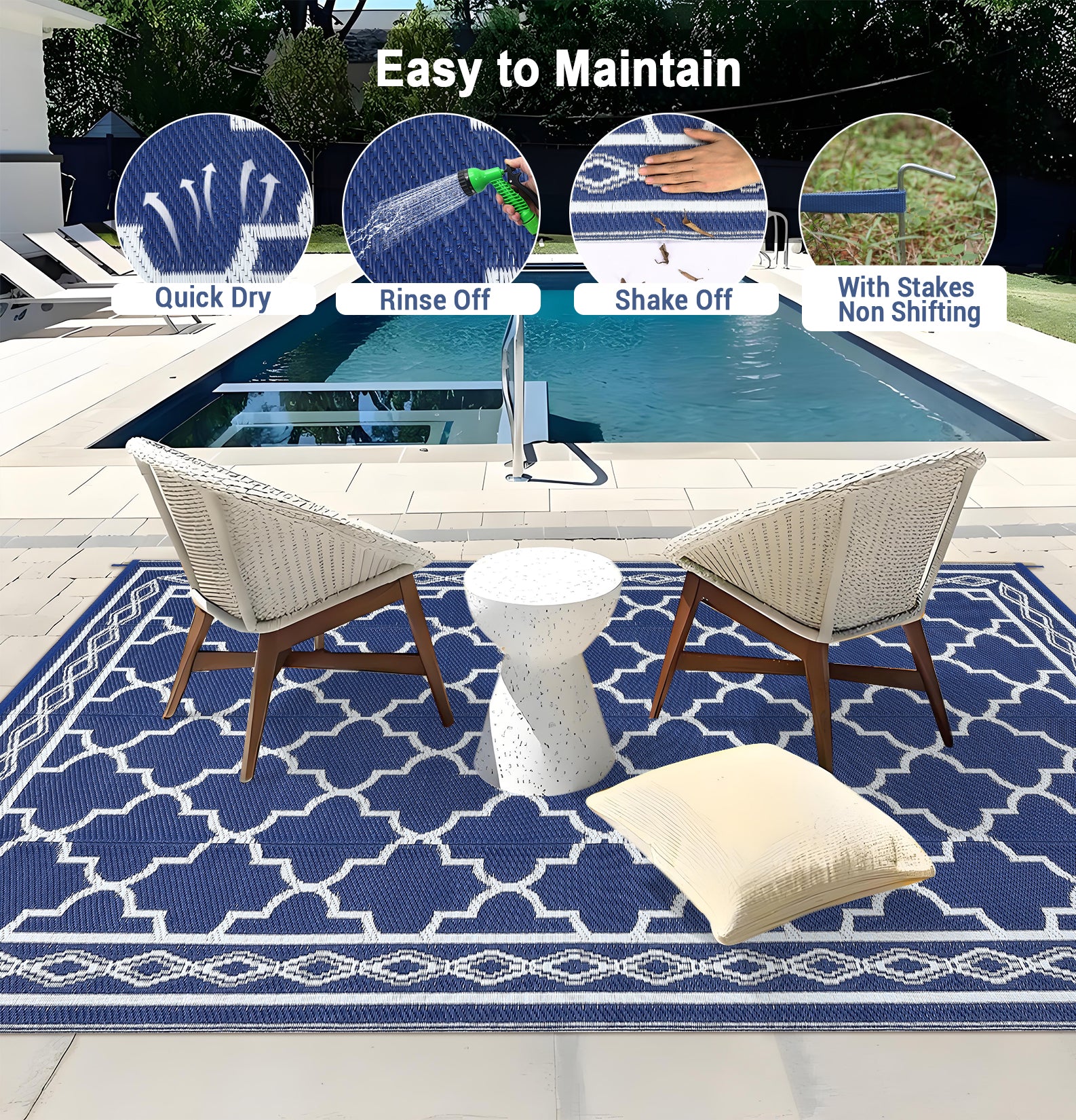 Garvee Outdoor Dark Blue 6x9 Rug, Waterproof Reversible Plastic Straw with UV Resistance, Easy Cleaning, Patio Porch Deck Balcony Camping