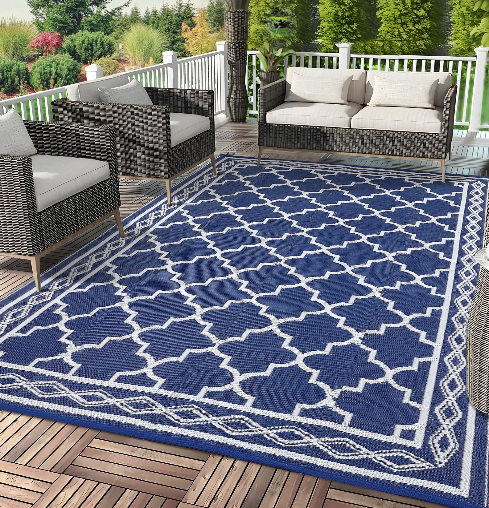 Garvee Outdoor Dark Blue 9x12 Rug Waterproof Reversible Patio Carpet Polypropylene UV & Stain Resistant Portable with Stakes for Camping Backyard Deck