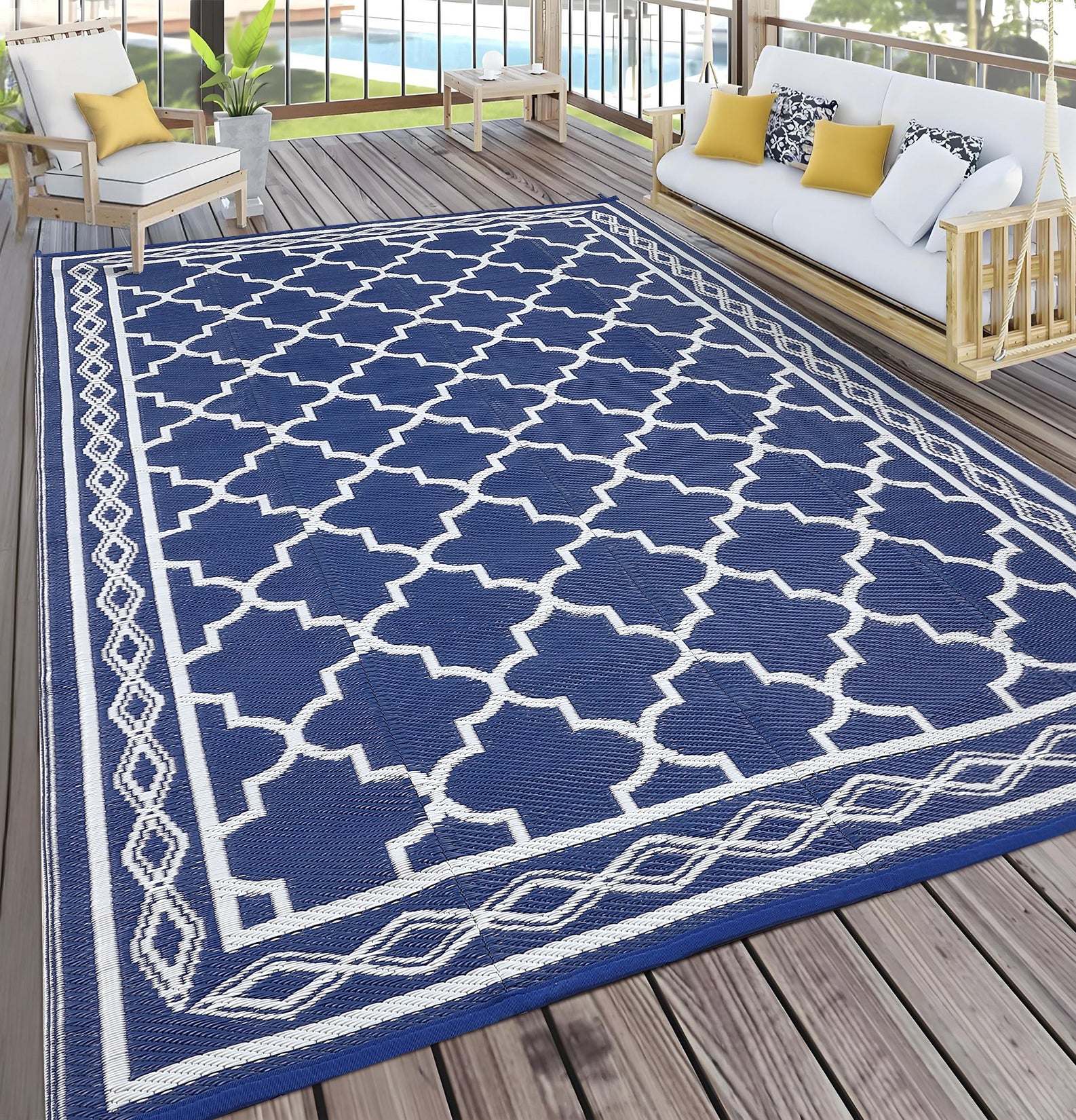 Garvee Outdoor Dark Blue 10x14 Waterproof Plastic Straw Rug, Reversible, UV-Resistant, Portable with Carry Bag & Stakes for Patio RV Camping