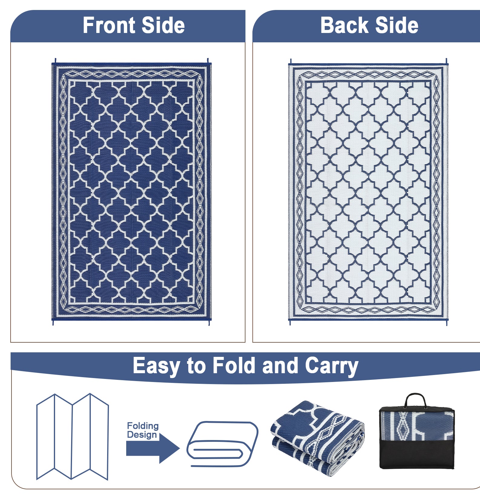 Garvee Outdoor Dark Blue 10x14 Waterproof Plastic Straw Rug, Reversible, UV-Resistant, Portable with Carry Bag & Stakes for Patio RV Camping