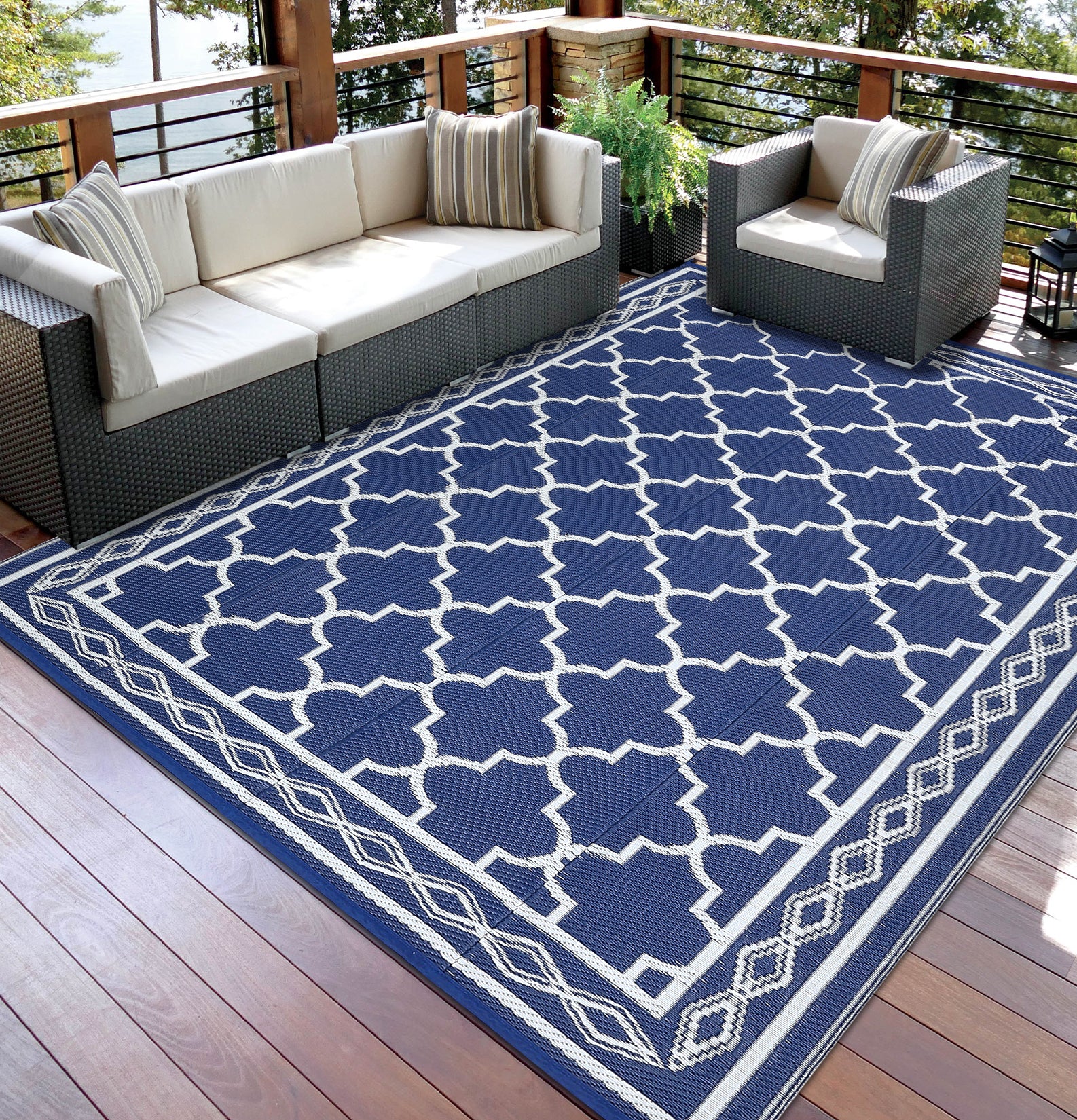 Garvee Outdoor Dark Blue 10x14 Waterproof Plastic Straw Rug, Reversible, UV-Resistant, Portable with Carry Bag & Stakes for Patio RV Camping