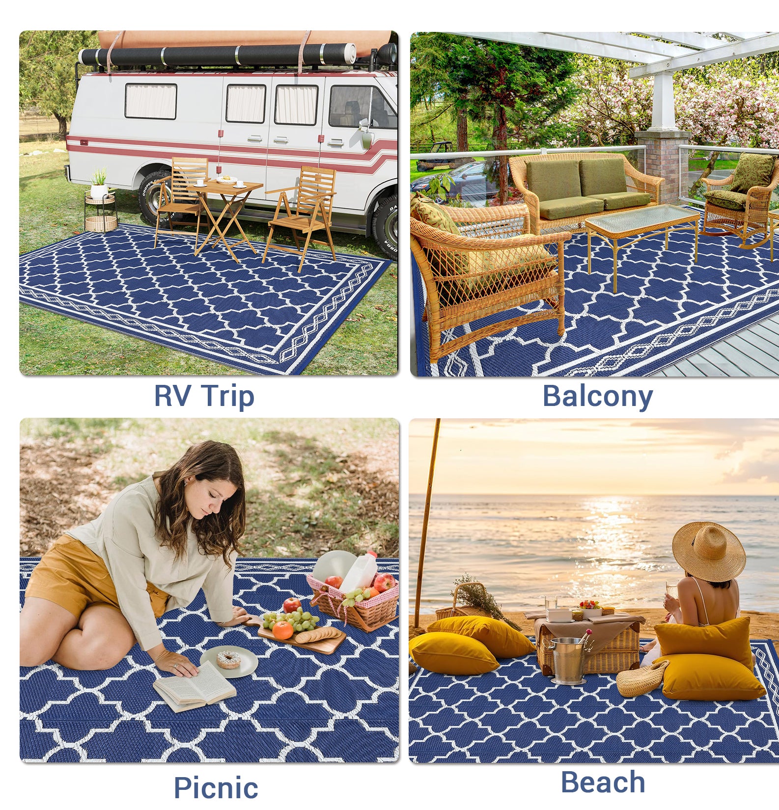 Garvee Outdoor Dark Blue 9x12 Rug Waterproof Reversible Patio Carpet Polypropylene UV & Stain Resistant Portable with Stakes for Camping Backyard Deck