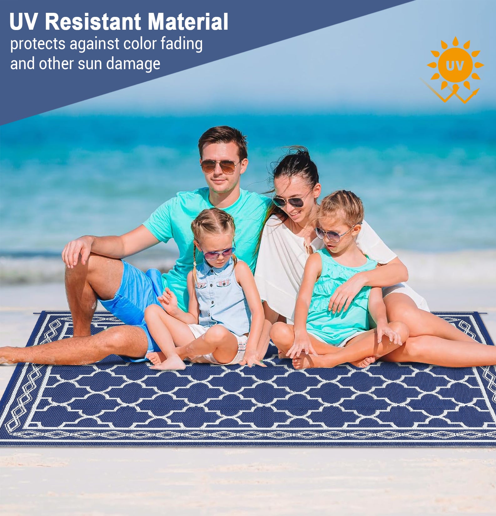 Garvee Outdoor Dark Blue 9x12 Rug Waterproof Reversible Patio Carpet Polypropylene UV & Stain Resistant Portable with Stakes for Camping Backyard Deck