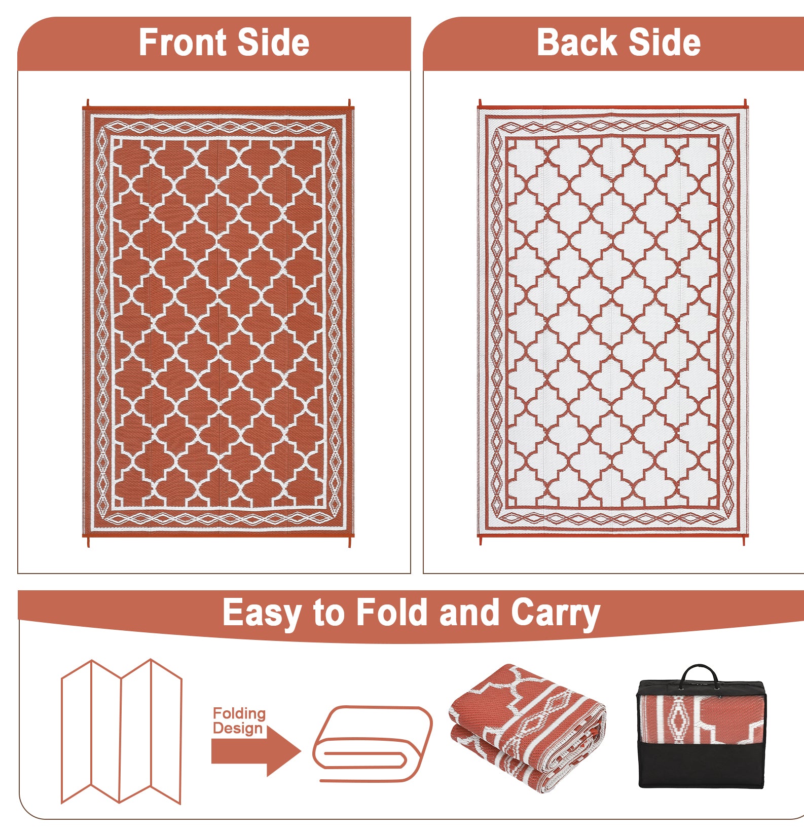 Garvee Outdoor Brick Red 9x12 Rug, Waterproof Reversible Plastic Straw Rug UV Resistant Easy Clean with Carry Bag & Stakes for Patio Camping