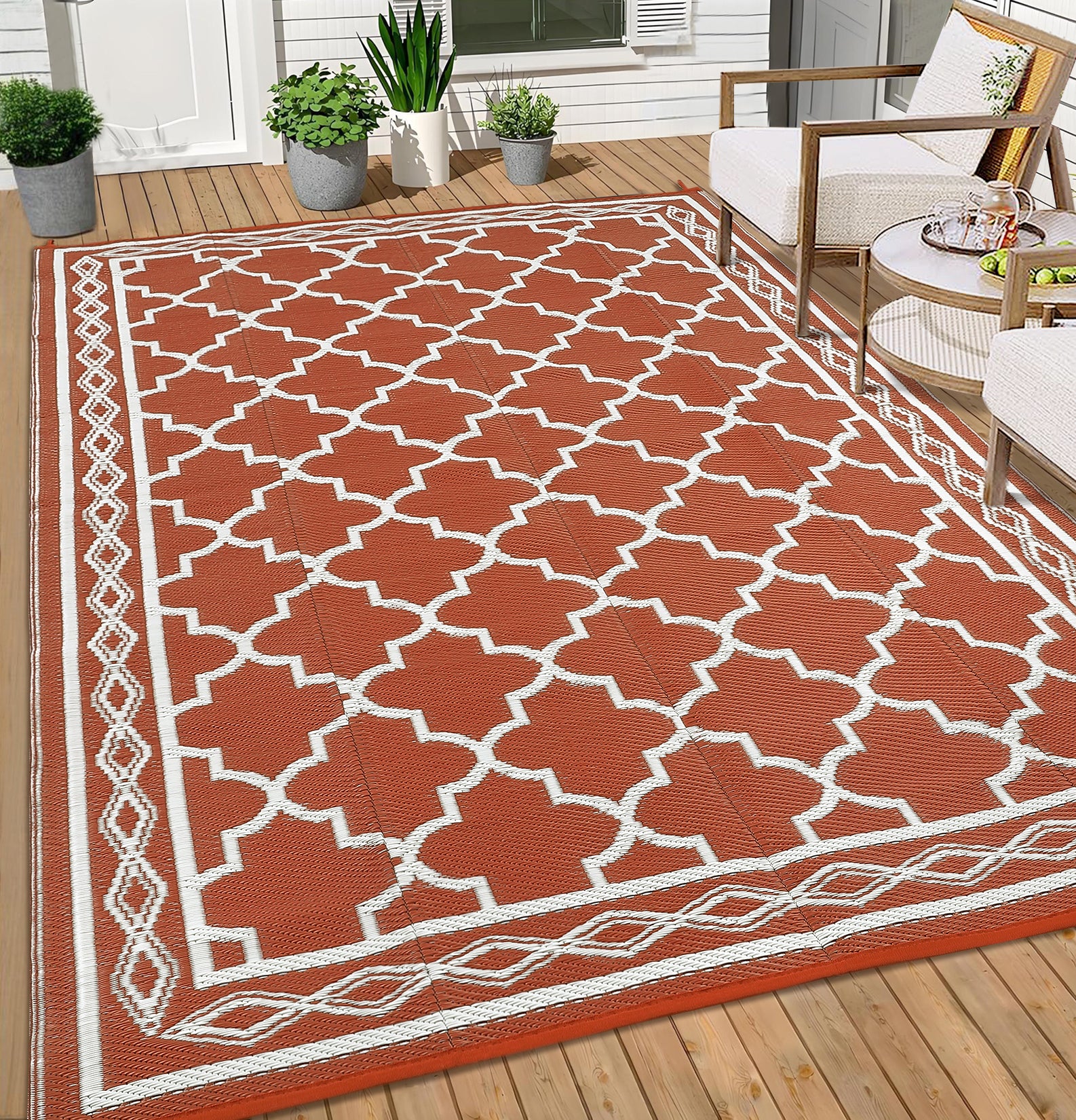 Garvee Outdoor Brick Red 9x12 Rug, Waterproof Reversible Plastic Straw Rug UV Resistant Easy Clean with Carry Bag & Stakes for Patio Camping