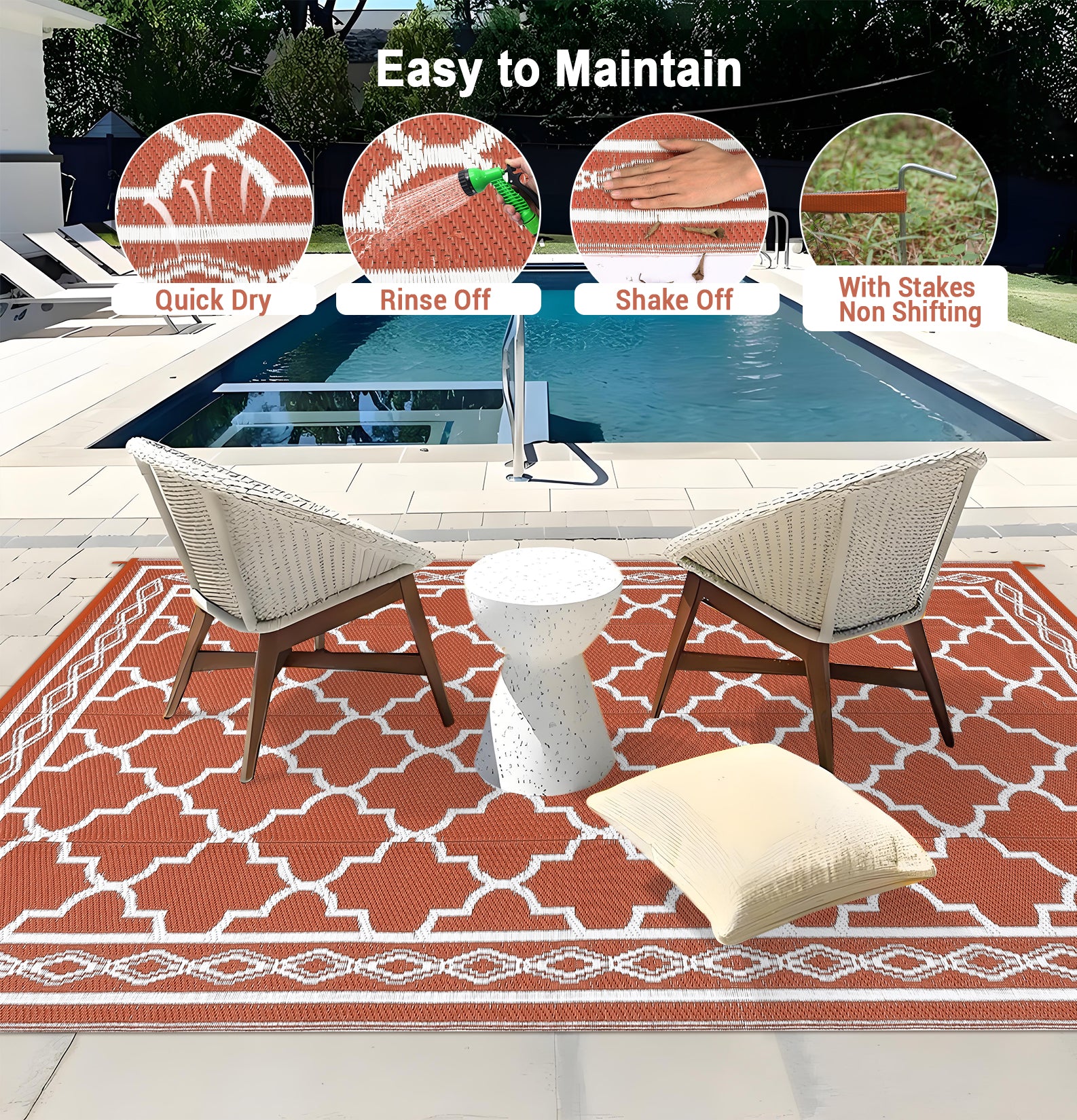 Garvee Outdoor Brick Red 9x18 Large Waterproof Reversible Plastic Straw Rugs, Easy Cleaning Patio Camping Carpet, All-Weather Outside Rugs for RV Patio Porch Deck Balcony