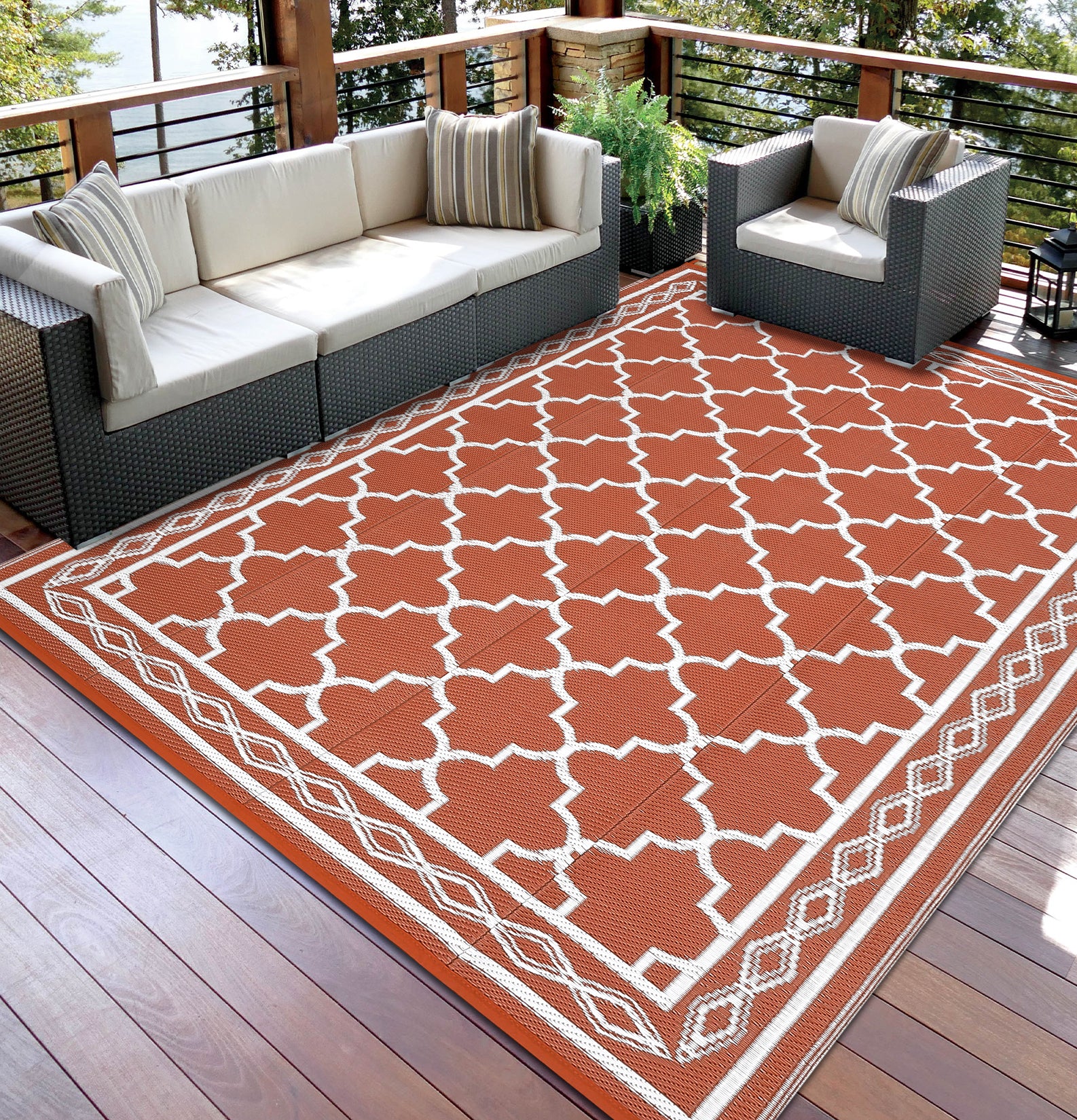 Garvee Outdoor Brick Red 9x12 Rug, Waterproof Reversible Plastic Straw Rug UV Resistant Easy Clean with Carry Bag & Stakes for Patio Camping