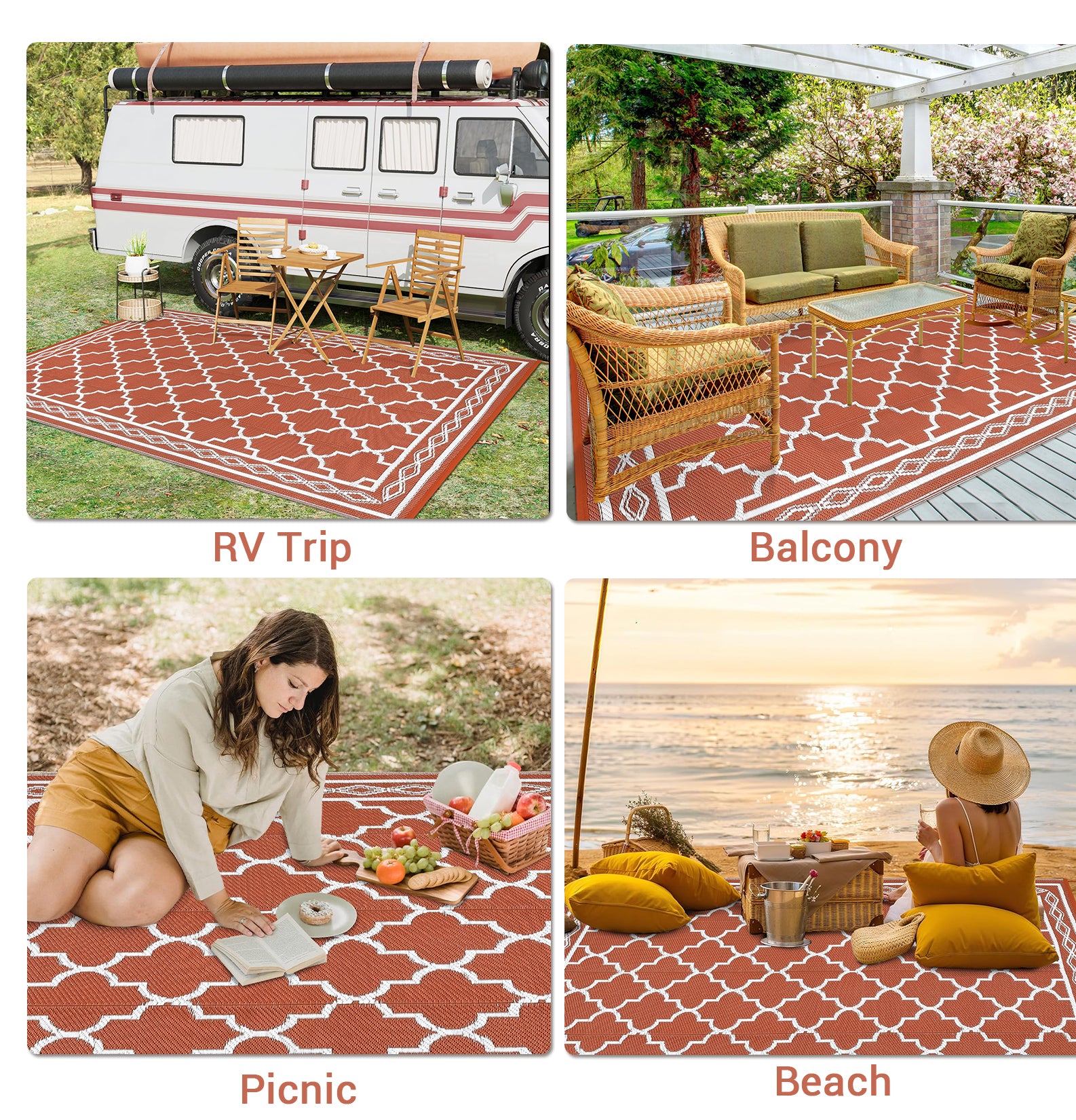 Garvee Outdoor Brick Red 9x12 Rug, Waterproof Reversible Plastic Straw Rug UV Resistant Easy Clean with Carry Bag & Stakes for Patio Camping