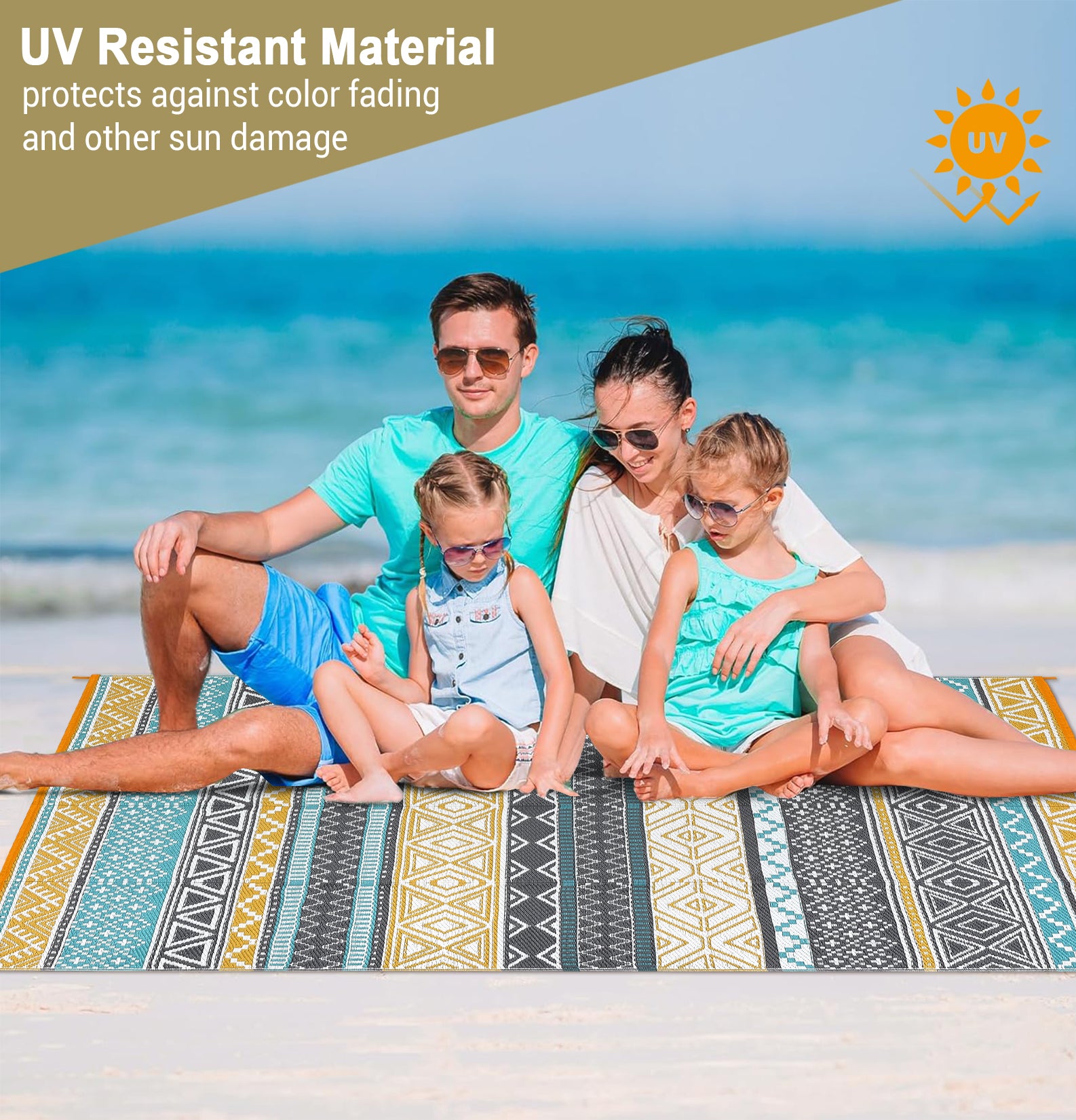 Garvee Outdoor Teal & Yellow 6x9 Rug Reversible Waterproof Portable Plastic Straw Camping Mat Durable UV Stable Eco-Friendly Patio Deck Balcony Boho