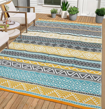 Garvee Outdoor Teal & Yellow 6x9 Rug Reversible Waterproof Portable Plastic Straw Camping Mat Durable UV Stable Eco-Friendly Patio Deck Balcony Boho