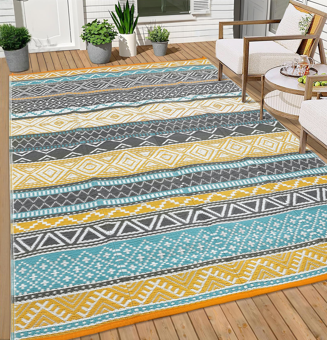 Garvee Outdoor Teal & Yellow 5x8 Rugs, Waterproof Reversible Geometric Pattern Polypropylene UV Resistant Portable with Carry Bag for Patio Camping