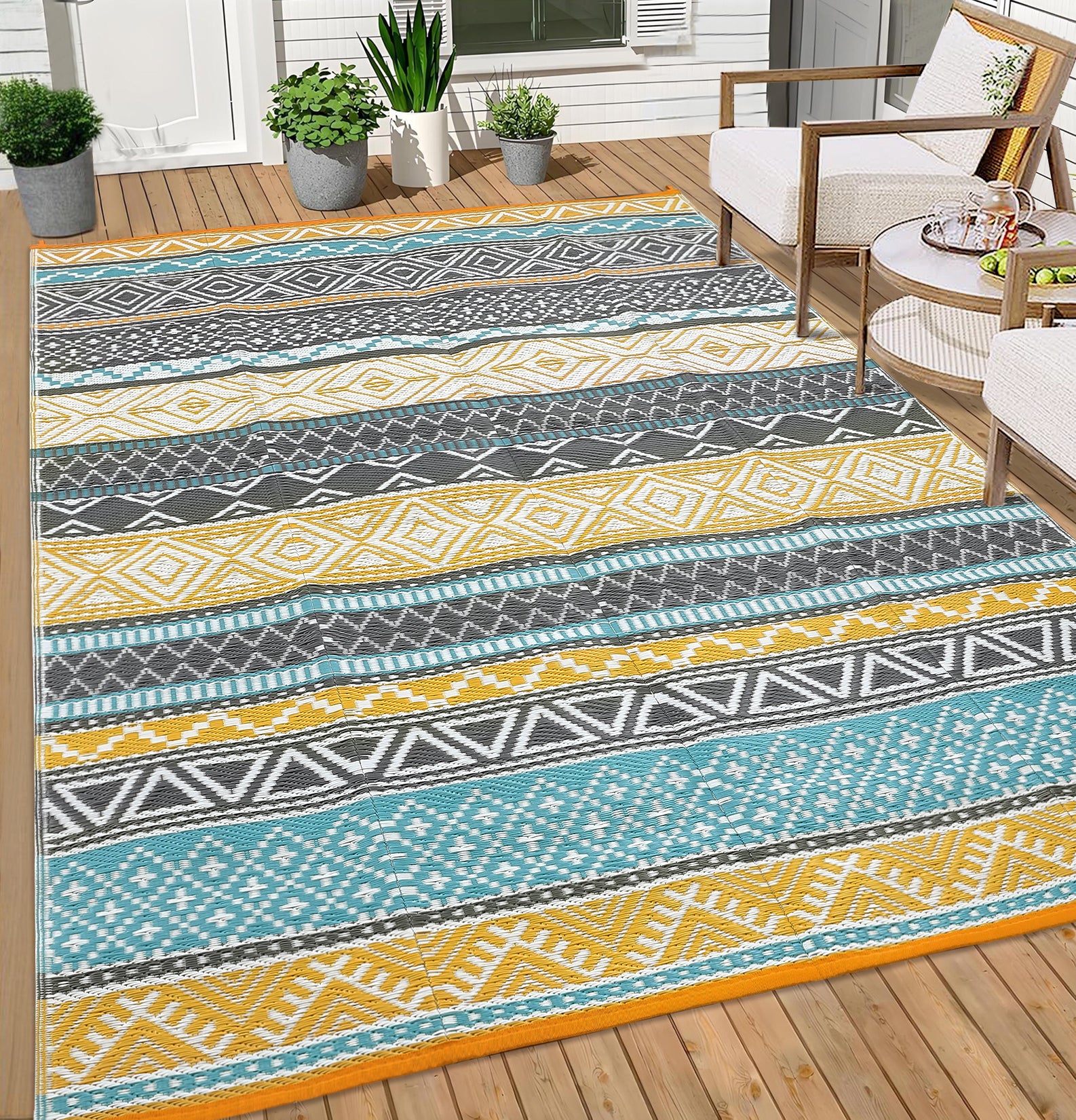 Garvee Outdoor Teal & Yellow 6x9 Rug Reversible Waterproof Portable Plastic Straw Camping Mat Durable UV Stable Eco-Friendly Patio Deck Balcony Boho