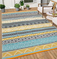 Garvee Outdoor Teal & Yellow 6x9 Rug Reversible Waterproof Portable Plastic Straw Camping Mat Durable UV Stable Eco-Friendly Patio Deck Balcony Boho