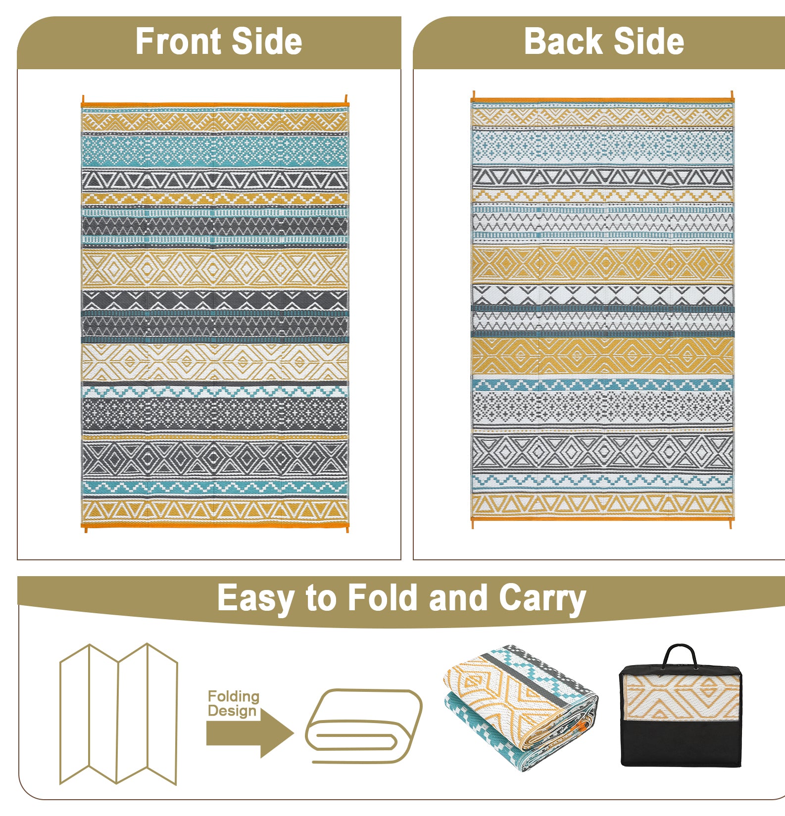 Garvee Outdoor Teal & Yellow 6x9 Rug Reversible Waterproof Portable Plastic Straw Camping Mat Durable UV Stable Eco-Friendly Patio Deck Balcony Boho