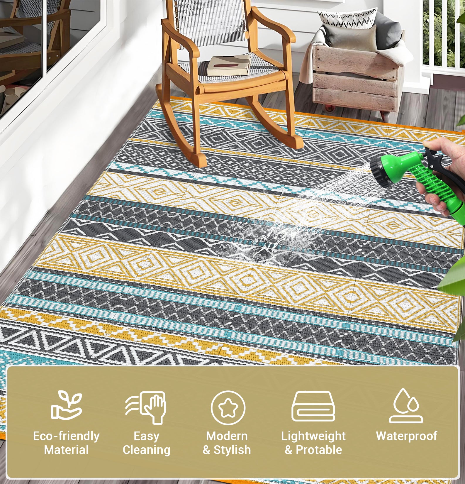 Garvee Outdoor Teal & Yellow 6x9 Rug Reversible Waterproof Portable Plastic Straw Camping Mat Durable UV Stable Eco-Friendly Patio Deck Balcony Boho