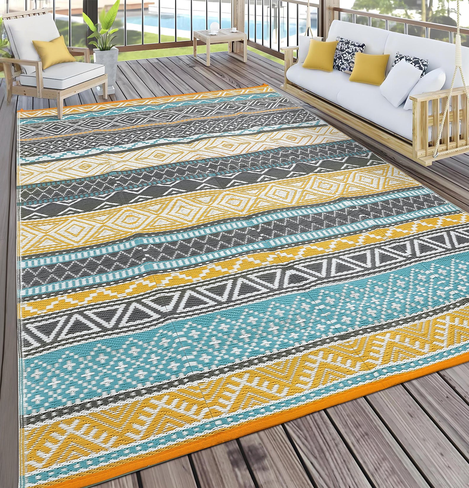 Garvee Outdoor Teal & Yellow 6x9 Rug Reversible Waterproof Portable Plastic Straw Camping Mat Durable UV Stable Eco-Friendly Patio Deck Balcony Boho