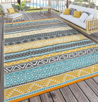 Garvee Outdoor Teal & Yellow 6x9 Rug Reversible Waterproof Portable Plastic Straw Camping Mat Durable UV Stable Eco-Friendly Patio Deck Balcony Boho