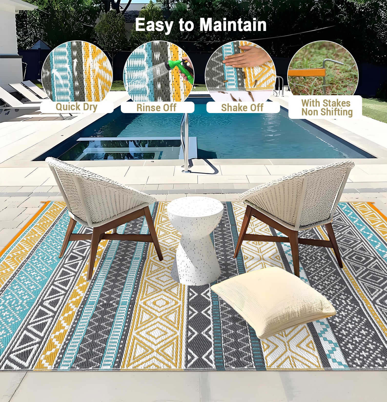 Garvee Outdoor Teal & Yellow 5x8 Rugs, Waterproof Reversible Geometric Pattern Polypropylene UV Resistant Portable with Carry Bag for Patio Camping