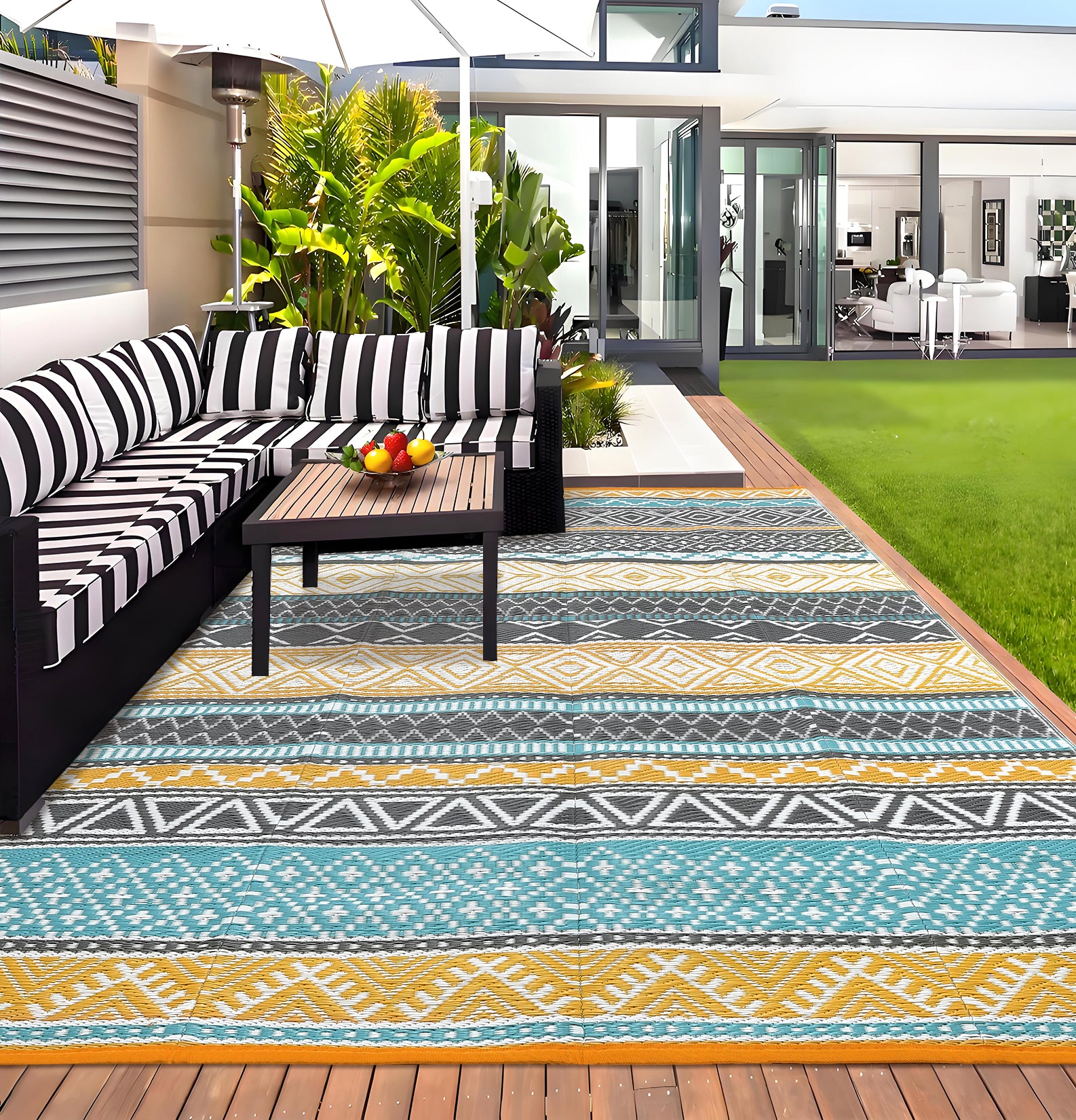 Garvee Outdoor Teal & Yellow 5x8 Rugs, Waterproof Reversible Geometric Pattern Polypropylene UV Resistant Portable with Carry Bag for Patio Camping