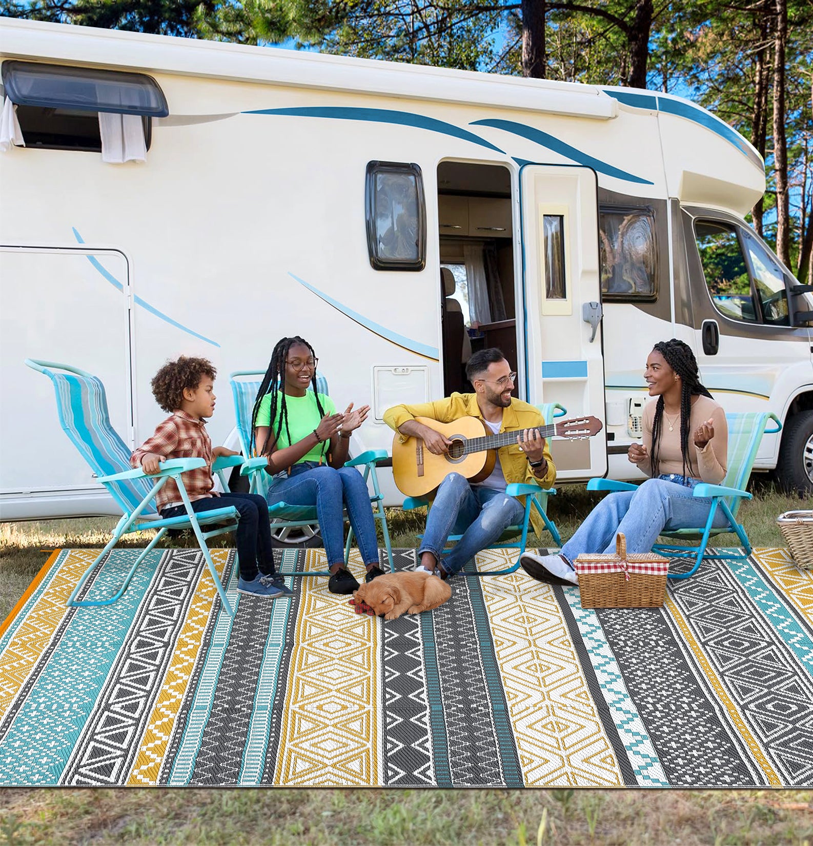 Garvee Outdoor Teal & Yellow 6x9 Rug Reversible Waterproof Portable Plastic Straw Camping Mat Durable UV Stable Eco-Friendly Patio Deck Balcony Boho