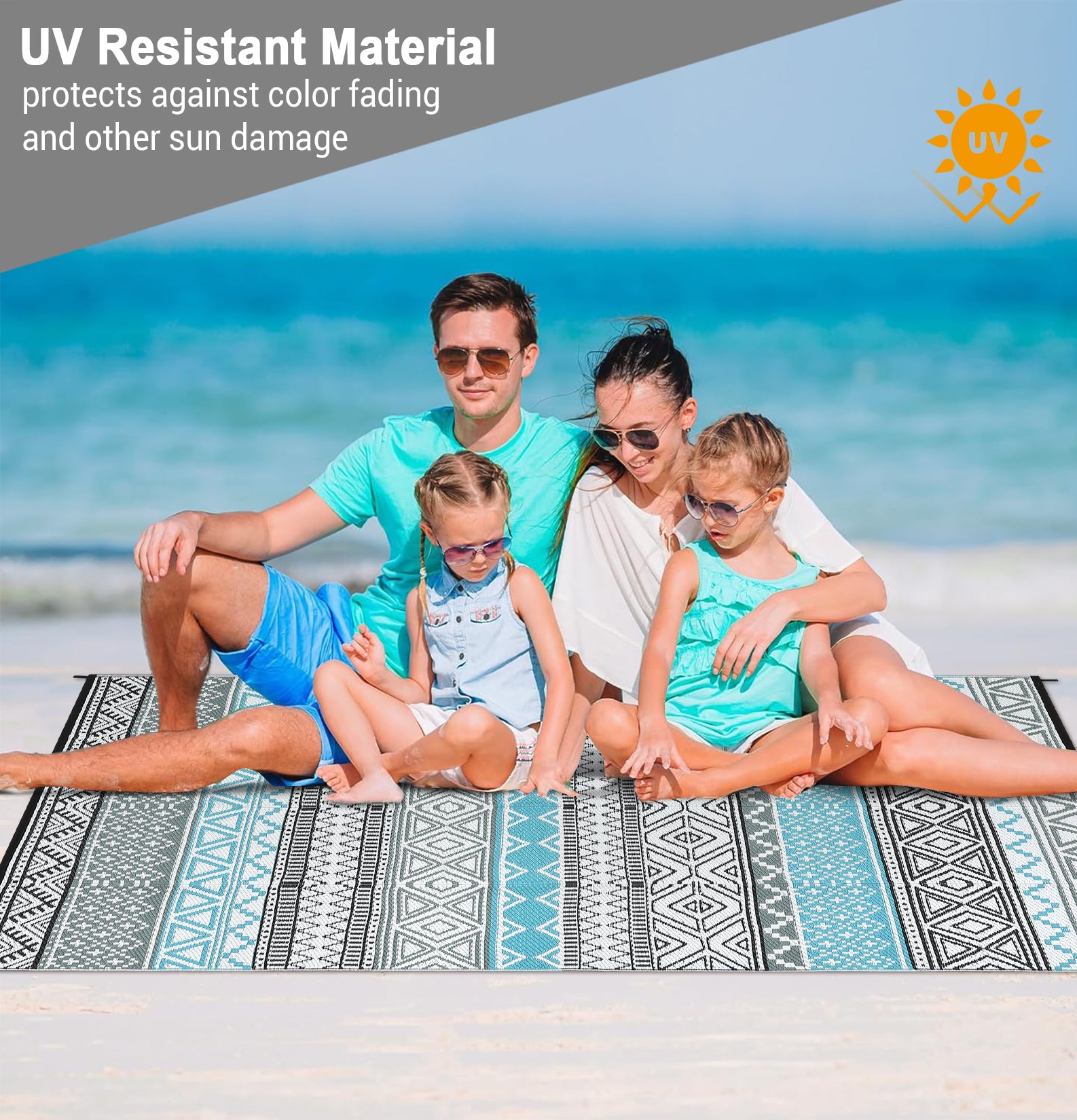 Garvee Outdoor Blue & Grey 5x8 Patio Rug Waterproof Reversible Durable Plastic Straw UV Stable Fade Resistant Eco-Friendly Boho Design for Camping Deck Balcony