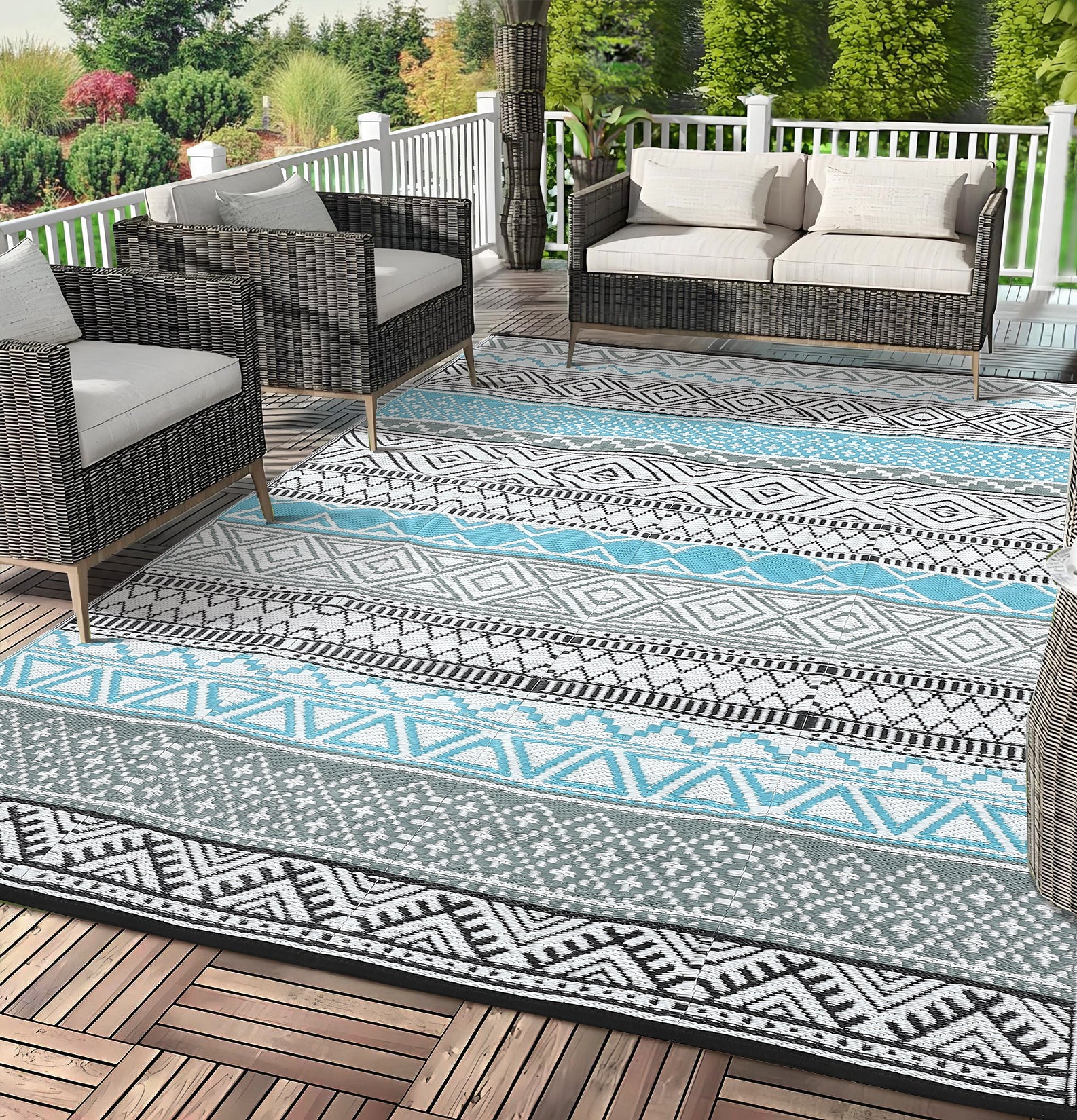 Garvee Outdoor Blue & Grey 5x8 Patio Rug Waterproof Reversible Durable Plastic Straw UV Stable Fade Resistant Eco-Friendly Boho Design for Camping Deck Balcony