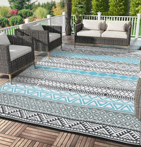Garvee Outdoor Blue & Grey 5x8 Patio Rug Waterproof Reversible Durable Plastic Straw UV Stable Fade Resistant Eco-Friendly Boho Design for Camping Deck Balcony
