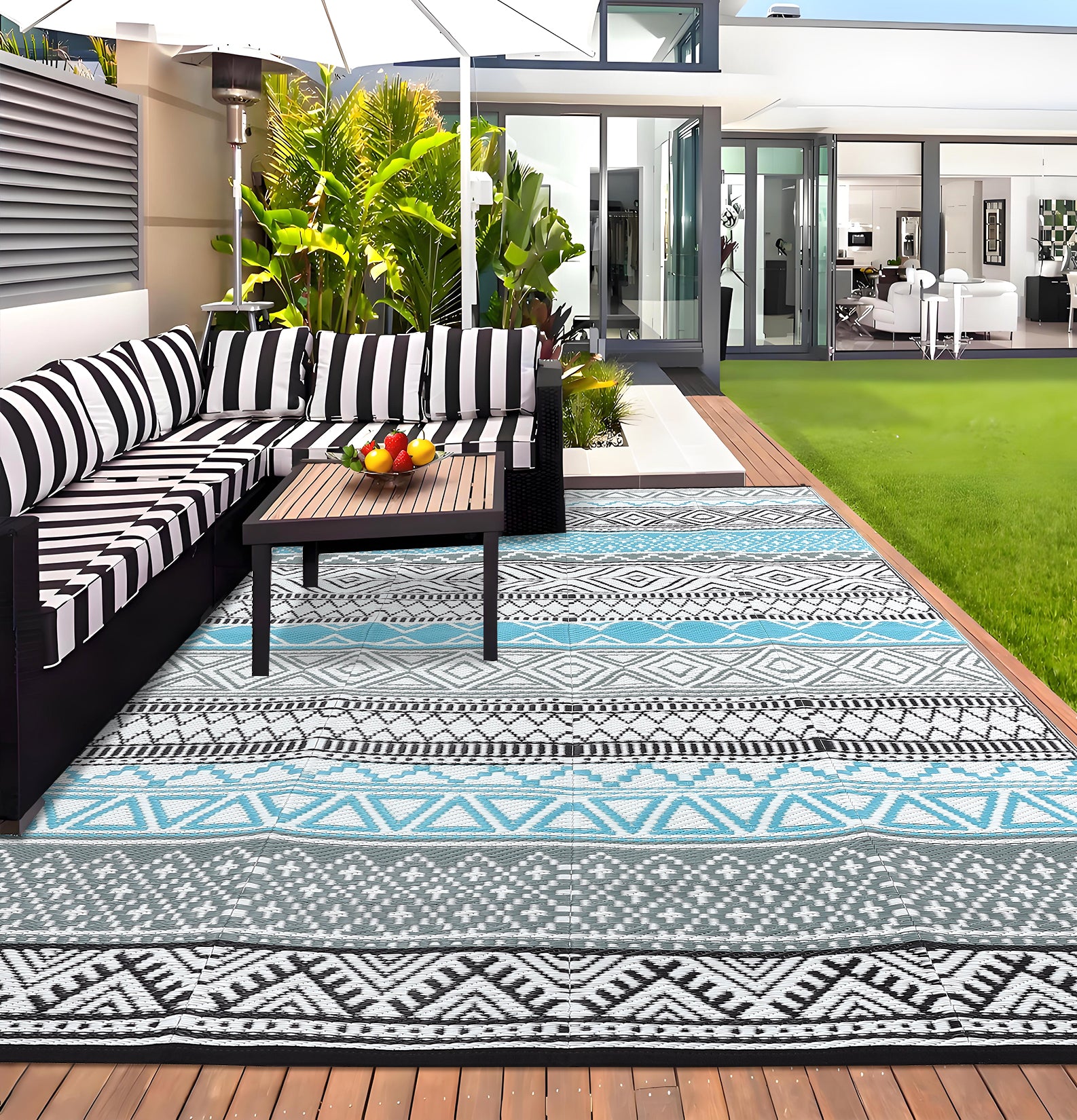 Garvee Outdoor Blue & Grey 5x8 Patio Rug Waterproof Reversible Durable Plastic Straw UV Stable Fade Resistant Eco-Friendly Boho Design for Camping Deck Balcony