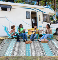 Garvee Outdoor Blue & Grey 5x8 Patio Rug Waterproof Reversible Durable Plastic Straw UV Stable Fade Resistant Eco-Friendly Boho Design for Camping Deck Balcony