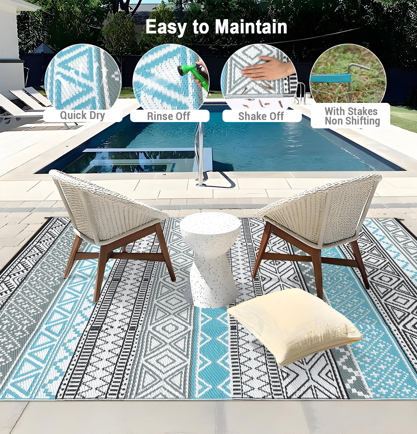 Garvee Outdoor Blue & Grey 5x8 Patio Rug Waterproof Reversible Durable Plastic Straw UV Stable Fade Resistant Eco-Friendly Boho Design for Camping Deck Balcony