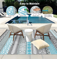 Garvee Outdoor Blue & Grey 5x8 Patio Rug Waterproof Reversible Durable Plastic Straw UV Stable Fade Resistant Eco-Friendly Boho Design for Camping Deck Balcony