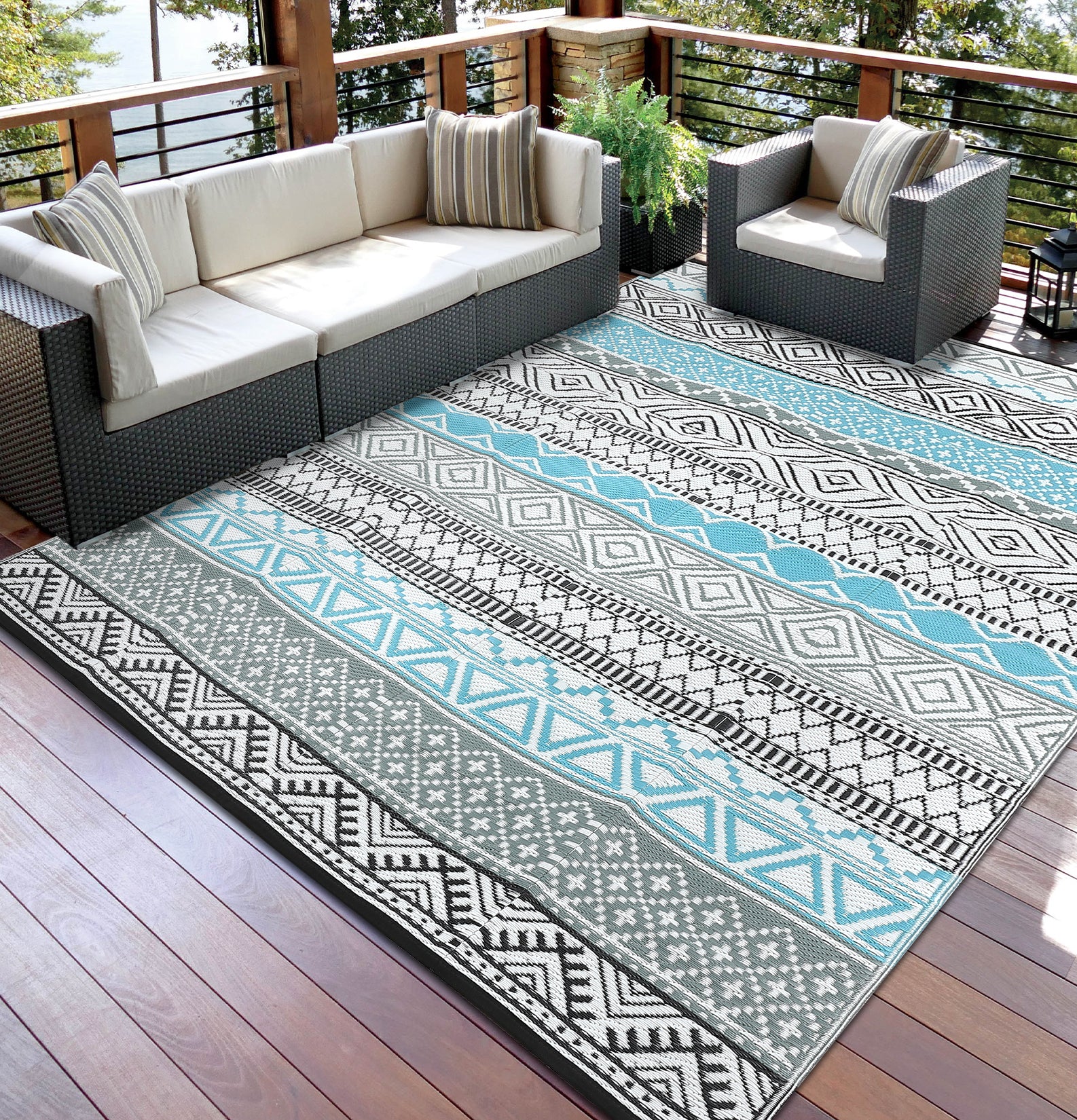Garvee Outdoor Blue & Grey 5x8 Patio Rug Waterproof Reversible Durable Plastic Straw UV Stable Fade Resistant Eco-Friendly Boho Design for Camping Deck Balcony