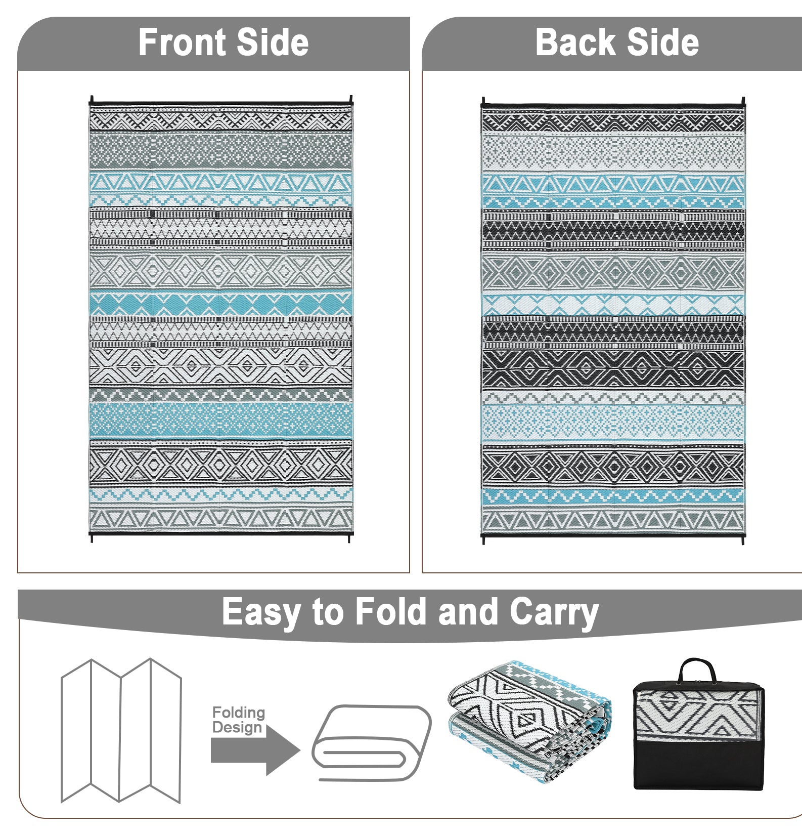 Garvee Outdoor Blue & Grey 5x8 Patio Rug Waterproof Reversible Durable Plastic Straw UV Stable Fade Resistant Eco-Friendly Boho Design for Camping Deck Balcony