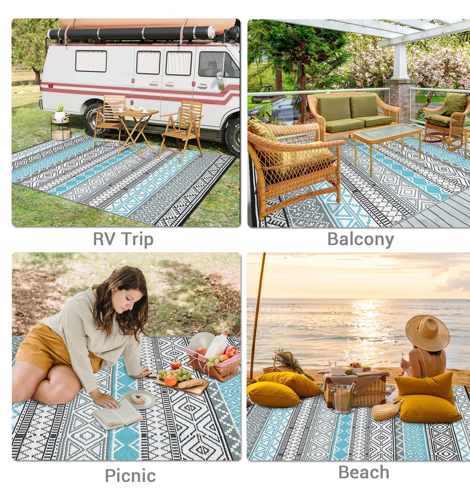 Garvee Outdoor Blue & Grey 5x8 Patio Rug Waterproof Reversible Durable Plastic Straw UV Stable Fade Resistant Eco-Friendly Boho Design for Camping Deck Balcony