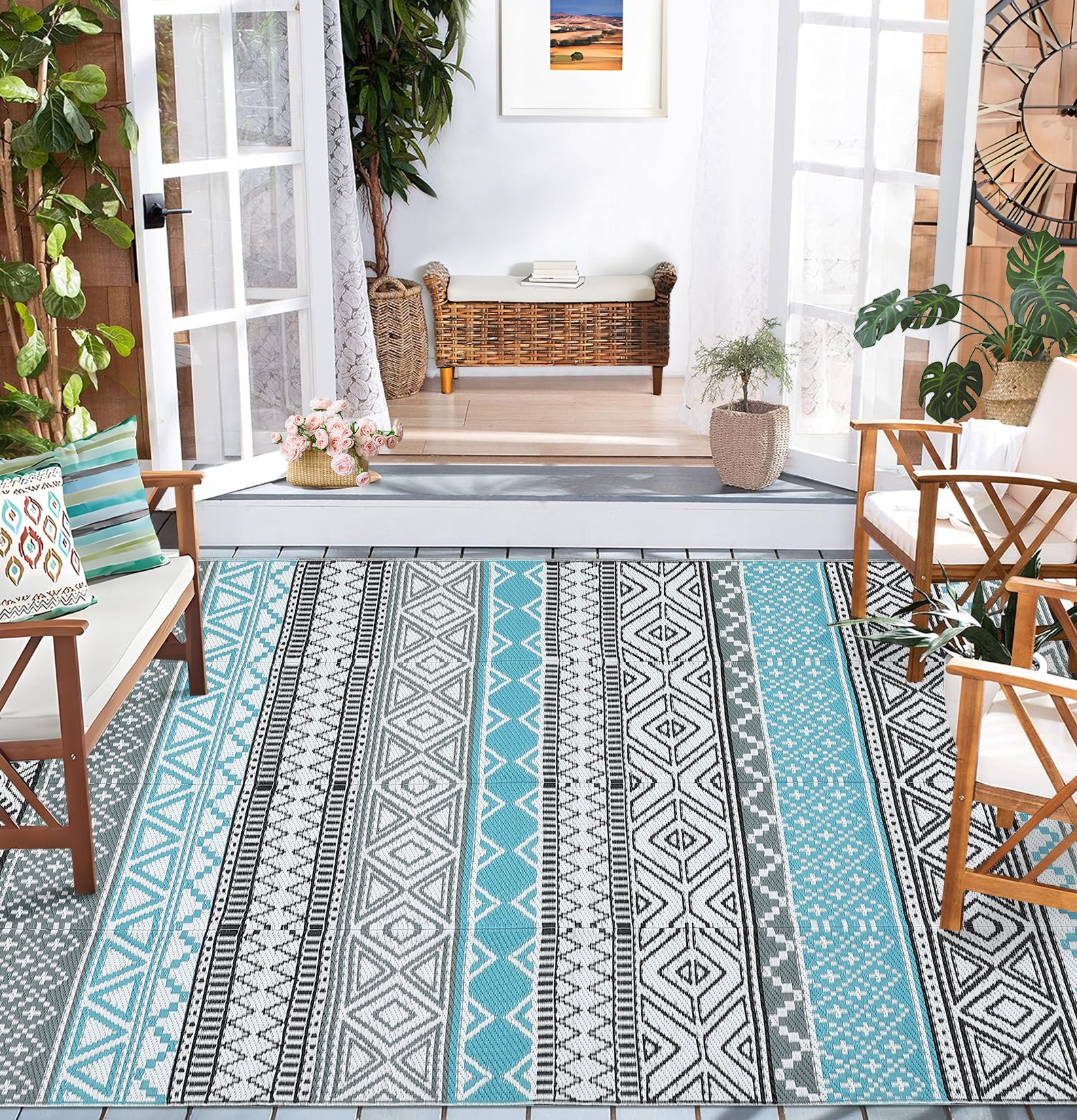 Garvee Outdoor Blue & Grey 5x8 Patio Rug Waterproof Reversible Durable Plastic Straw UV Stable Fade Resistant Eco-Friendly Boho Design for Camping Deck Balcony