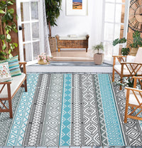 Garvee Outdoor Blue & Grey 5x8 Patio Rug Waterproof Reversible Durable Plastic Straw UV Stable Fade Resistant Eco-Friendly Boho Design for Camping Deck Balcony