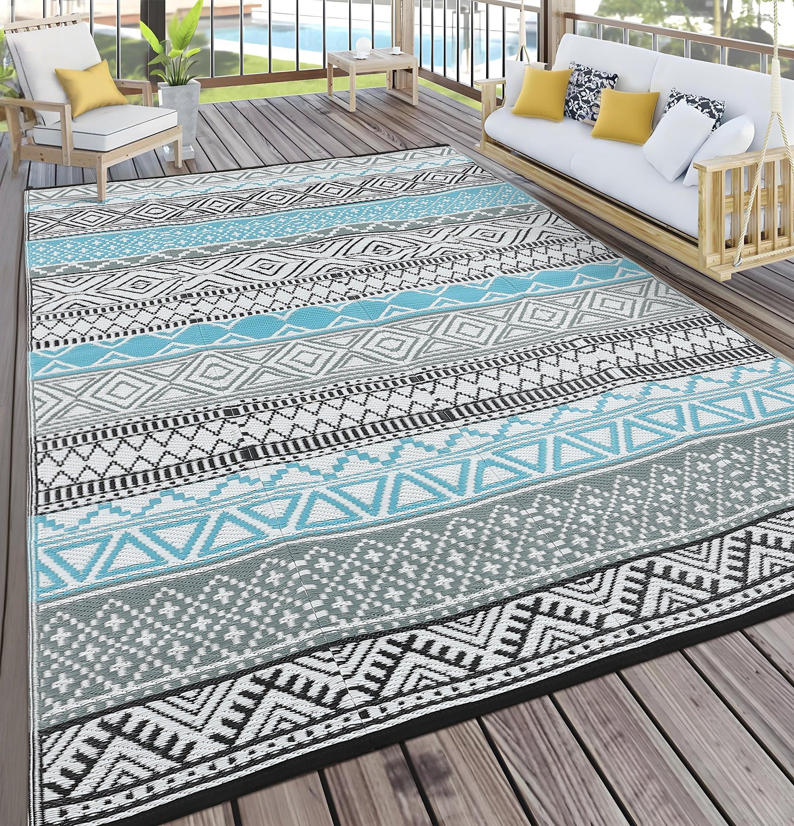 Garvee Outdoor Blue & Grey 5x8 Patio Rug Waterproof Reversible Durable Plastic Straw UV Stable Fade Resistant Eco-Friendly Boho Design for Camping Deck Balcony