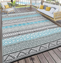 Garvee Outdoor Blue & Grey 5x8 Patio Rug Waterproof Reversible Durable Plastic Straw UV Stable Fade Resistant Eco-Friendly Boho Design for Camping Deck Balcony
