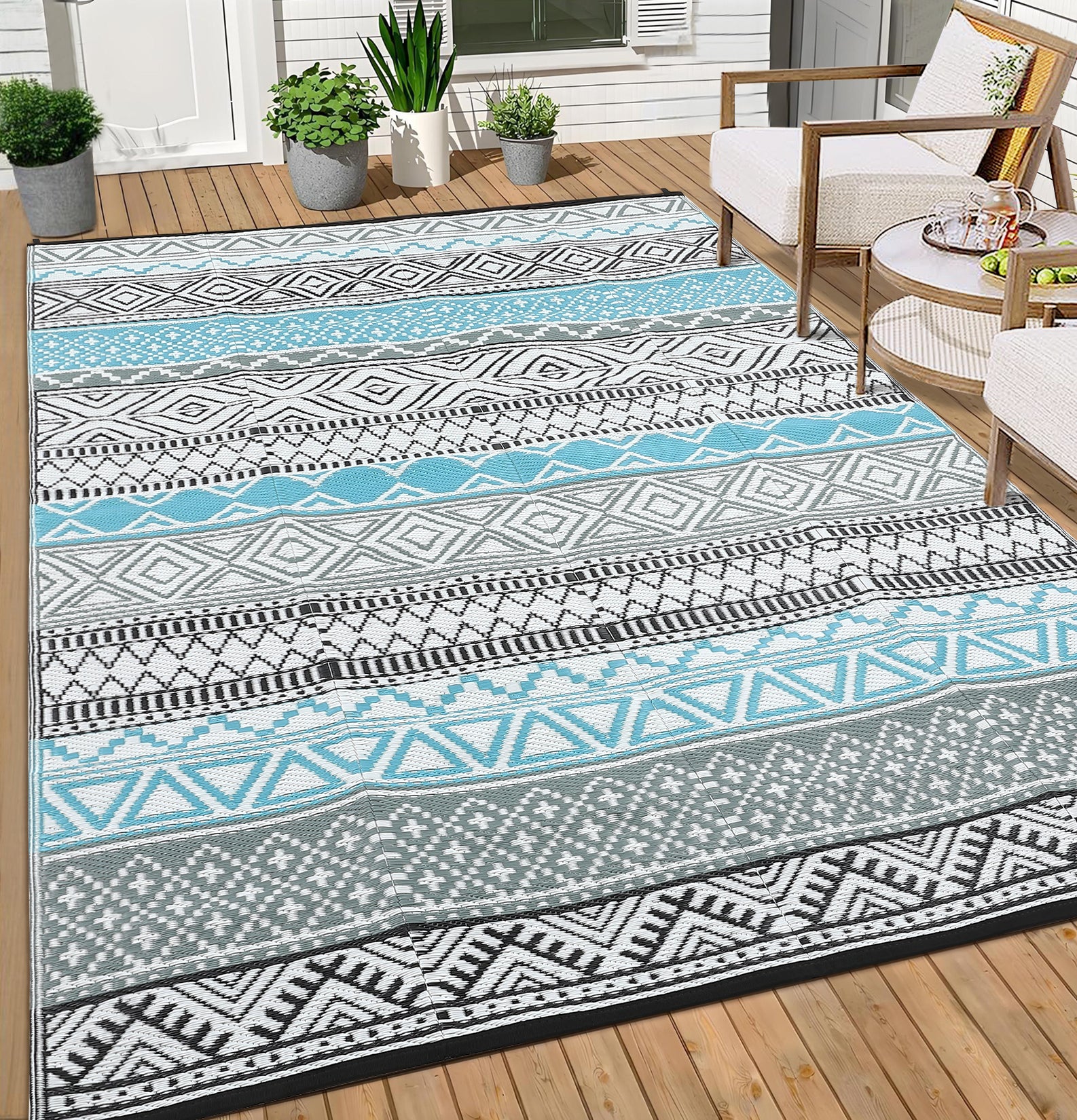 Garvee Outdoor Blue & Grey 5x8 Patio Rug Waterproof Reversible Durable Plastic Straw UV Stable Fade Resistant Eco-Friendly Boho Design for Camping Deck Balcony